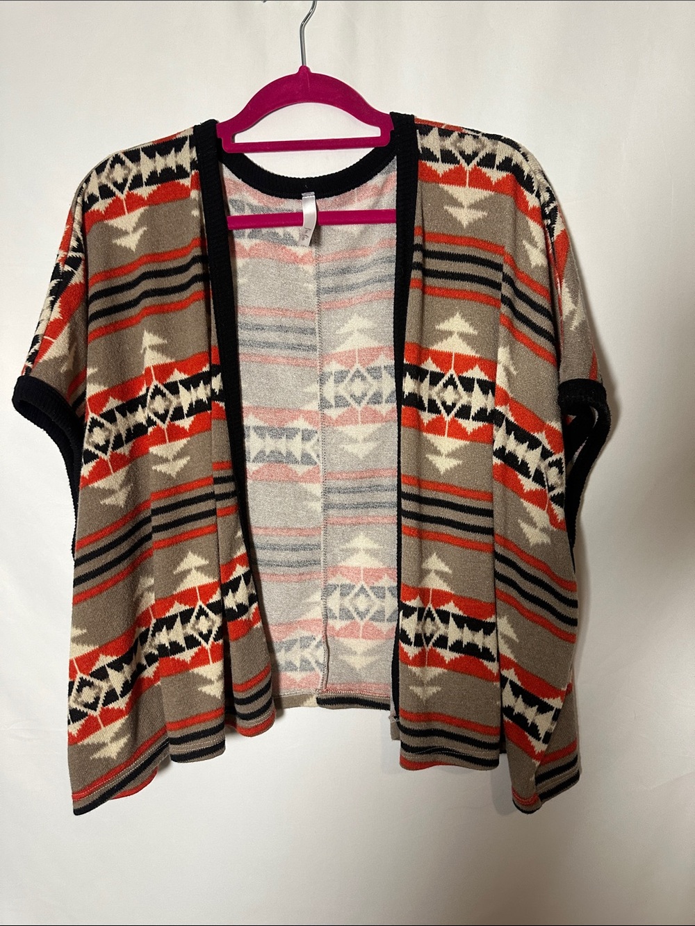 Open-Front Aztec Knit Cardigan in Taupe & Orange